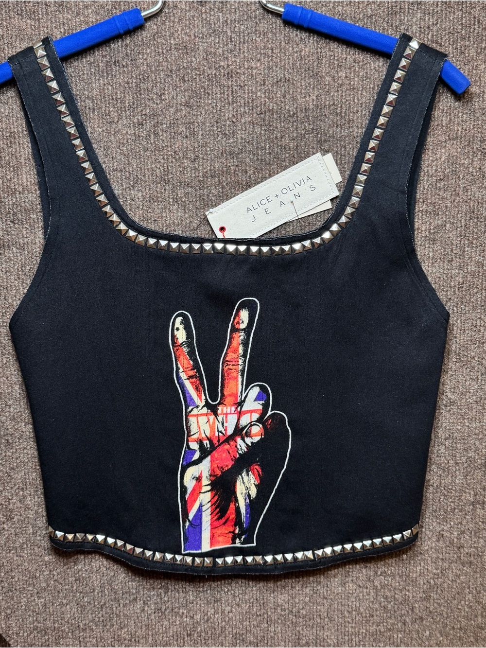 Alice + Olivia Black Stud-Trim Crop Tank with Multicolor Peace Hand